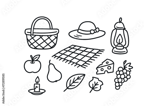 Picnic drawing: basket, blanket, fruits, hat, and lantern outline