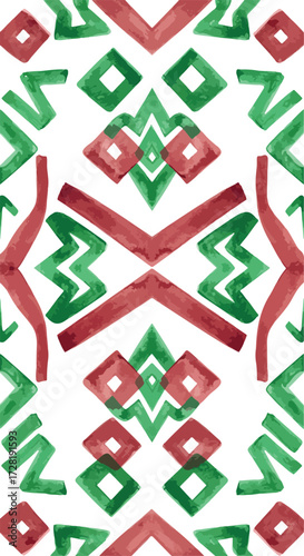 Geometric pattern with red and green shapes symmetrical design.
