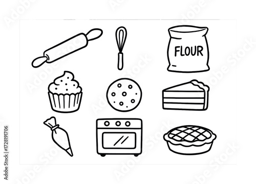 Baking tools and ingredients line art: rolling pin, whisk, flour, cupcake, cookie, cake, piping bag, oven, pie