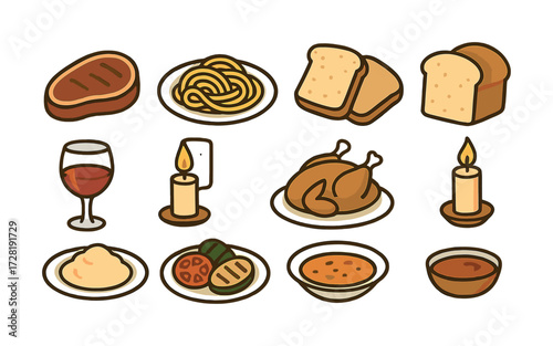 Cartoon dinner foods: steak, chicken, pasta, bread, soup, wine, candles