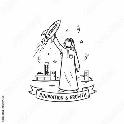 Arab man in traditional dress holding a startup rocket above a city skyline, with a banner reading "Innovation & Growth".