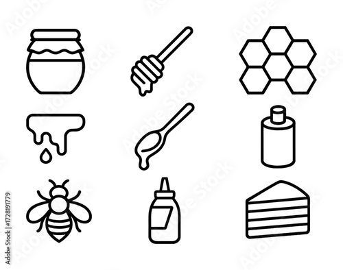 Honey elements: jar, dipper, comb, drip, bee, bottle, spoon, squeeze, cake