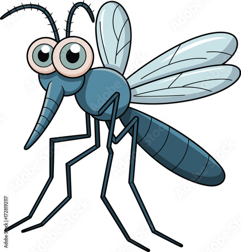 Cartoon mosquito character illustration, big-eyed insect design, vector drawing, segmented body, translucent wings, health awareness, pest control, educational artwork