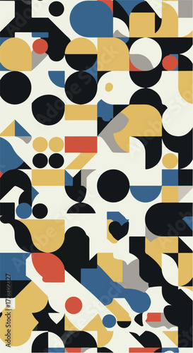 Geometric shapes and colors create a vibrant and dynamic abstract composition.