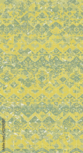 Geometric pattern with yellow and green colors intricate design repeating shapes artistic textile.