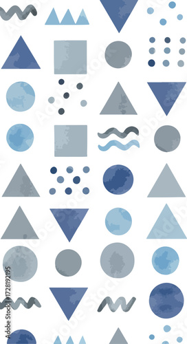 Geometric shapes pattern in blue and gray watercolor style on white background.