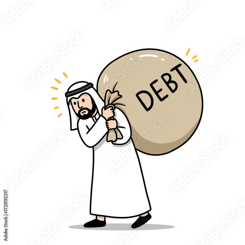 An Arab man struggles under the weight of a large sack labeled "DEBT".