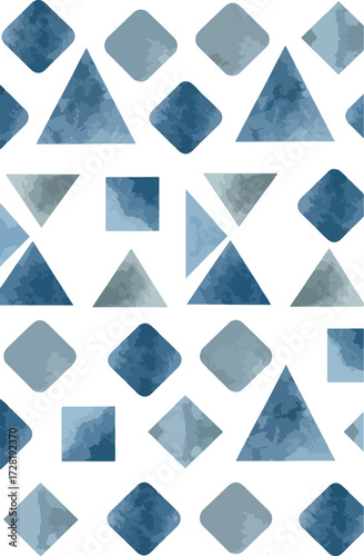 Geometric watercolor pattern with blue and gray shapes on white background.