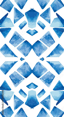 Geometric watercolor pattern of blue shapes on white background.