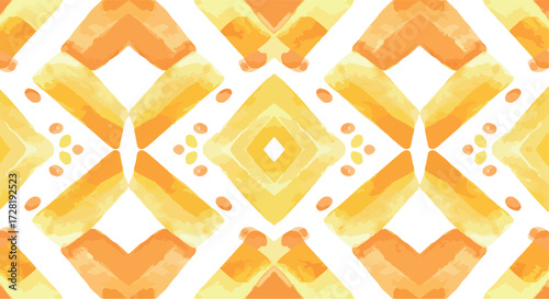 Geometric watercolor pattern with orange and yellow colors on white background.