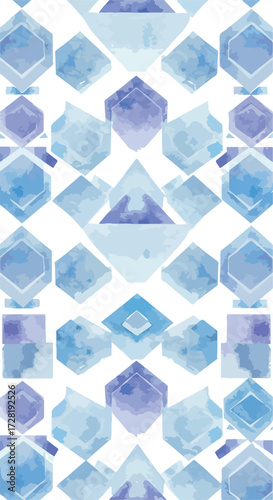 Geometric watercolor pattern with blue and purple shapes on white background.
