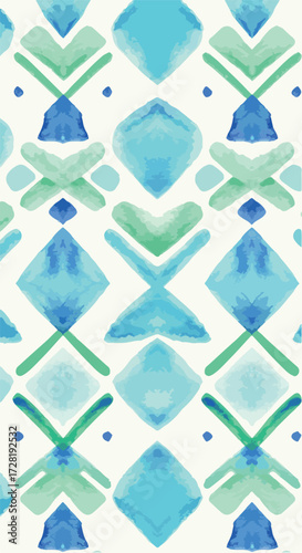Geometric watercolor pattern with blue and green diamond shapes on white background.