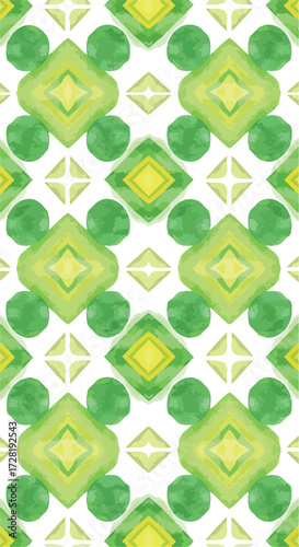 Geometric watercolor pattern with green and yellow shapes on white background.