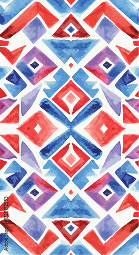 Geometric watercolor pattern with red blue and purple shapes on white background.