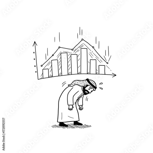 An illustration depicts a man burdened by a falling financial graph, showing stress.