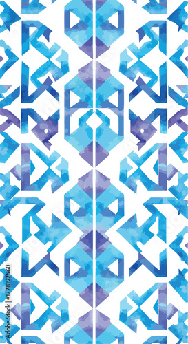 Geometric watercolor pattern with symmetrical shapes and vibrant blue hues.