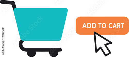 Shopping cart with add to cart button and cursor icon.