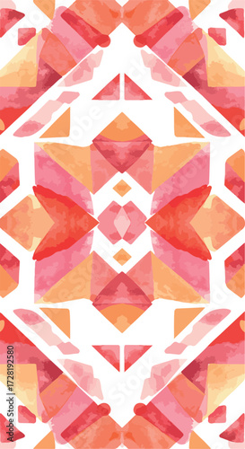 Geometric watercolor pattern with symmetrical arrangement and vibrant colors.