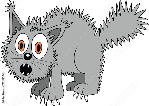 Cartoon scared cat, wide eyes, puffed tail, sharp claws, funny feline, startled expression, vector art, animal panic, comic style, gray fur
