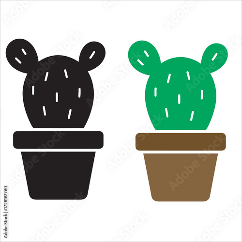 Potted Cactus Houseplant Icon Set in Color and Black Silhouette