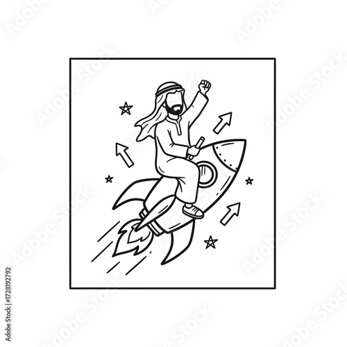 Cartoon of an Arab man riding a rocket with arrows and stars, symbolizing success and growth.