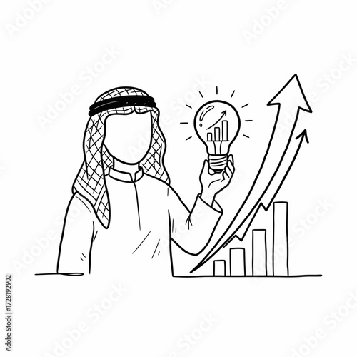 An illustration of a man in traditional attire holding a lightbulb with a growing chart.
