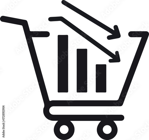 Shopping cart with decreasing sales chart representing financial decline and economic downturn.