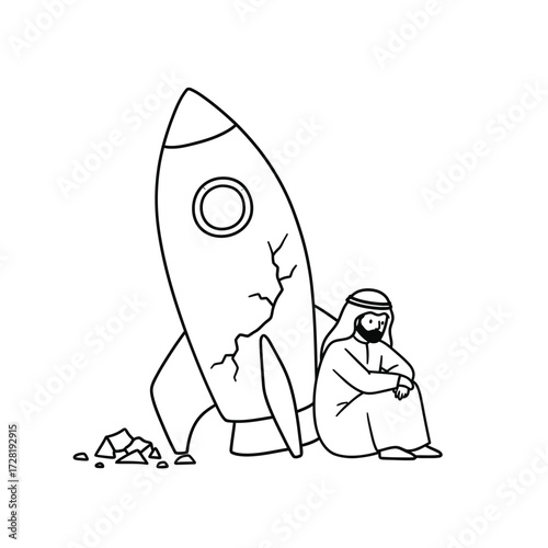 A dejected man in traditional attire sits near a damaged rocket ship, contemplating.