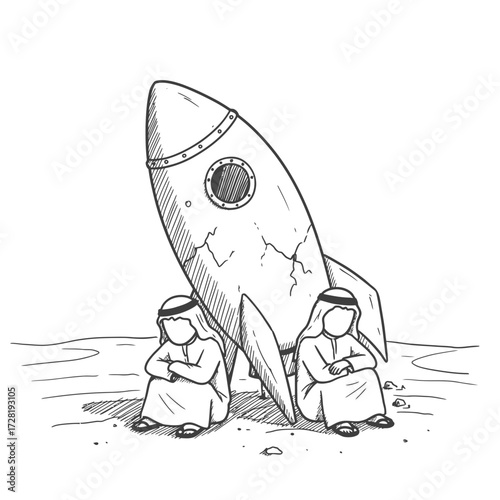 Two men in traditional Arab clothing sit dejected next to a damaged rocket on a desolate surface.