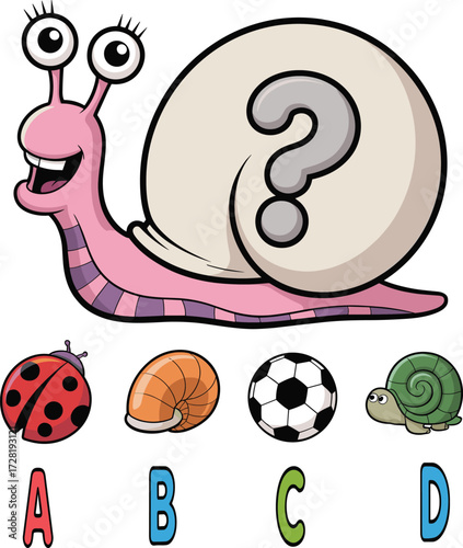 Cartoon snail, shell puzzle, educational activity, vector art, kids learning, question mark, multiple choice, fun design, problem-solving, quiz illustration