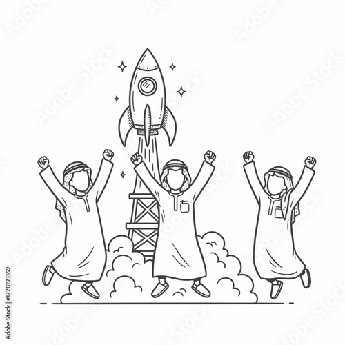 Three men in traditional Arab clothing jump for joy as a rocket launches behind them.