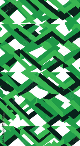 Green geometric shapes create a dynamic and abstract visual pattern.