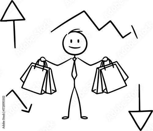 Happy person holding shopping bags with financial market trends.