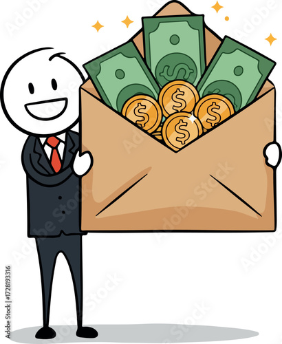 Happy person holding a large envelope filled with money and coins.