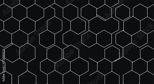 Hexagonal pattern design with interconnected cells on a dark background.