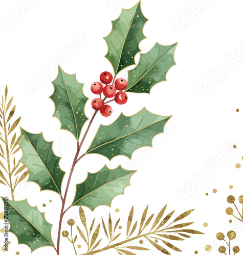 Holly branch with red berries and green leaves festive Christmas decoration.