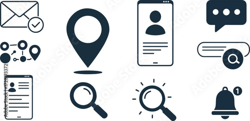 Icons representing communication location and search functions in a digital interface.