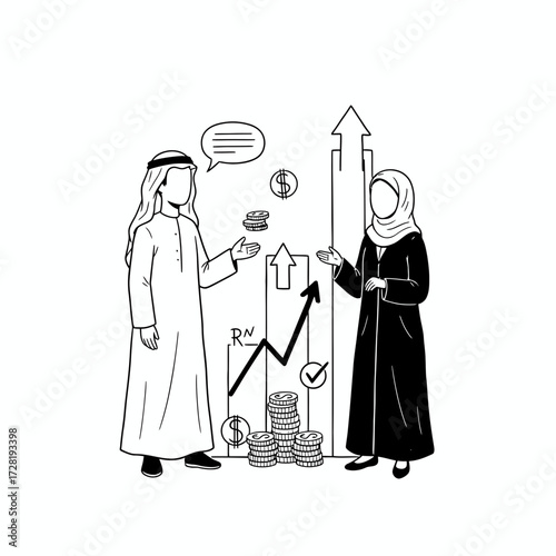 Two Arab business people discuss financial growth represented by a rising graph and stacks of coins.