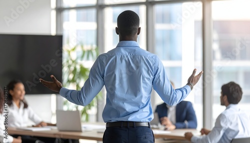 Speaker addressing audience in a modern conference room with colleagues listening attentively