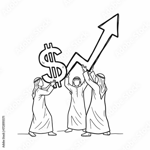 Three men in traditional Arab clothing lift a dollar sign and an upward trending arrow.