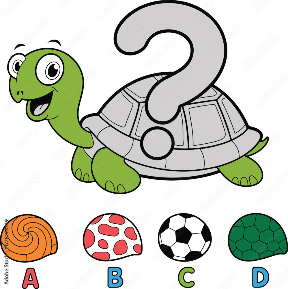 Naklejka premium Cartoon turtle, shell puzzle, educational activity, vector art, kids learning, question mark, multiple choice, fun design, problem-solving, quiz illustration