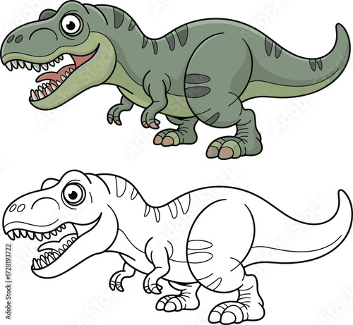 Cartoon Tyrannosaurus rex illustration, green dinosaur character, coloring page template, kids educational artwork, prehistoric animal drawing, fun dino design