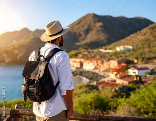 Man hiking overlooking coastal town