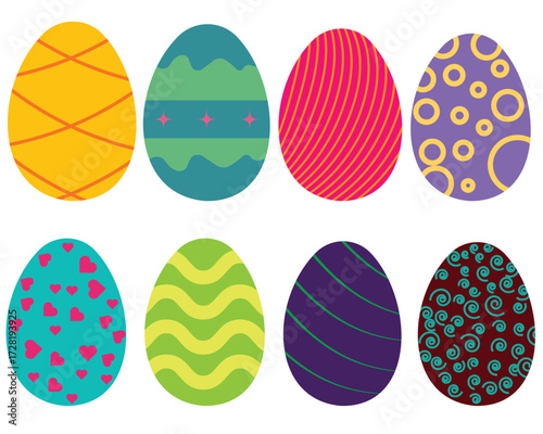 Easter eggs with ornament. Vintage collection. Retro Easter eggs set. Eggs with patterns of flowers, hearts.