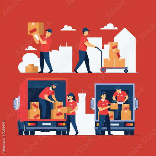 Delivery workers loading and unloading packages, with a red background and city silhouettes.