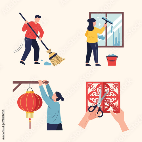 Illustrations depict various activities: sweeping, window cleaning, lantern hanging, and paper cutting.