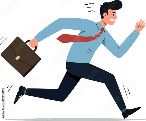 Man running late for work carrying briefcase with urgency and stress.
