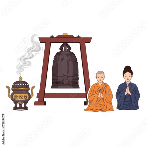 Illustration depicts a Buddhist temple bell, incense burner, and two monks in prayer.