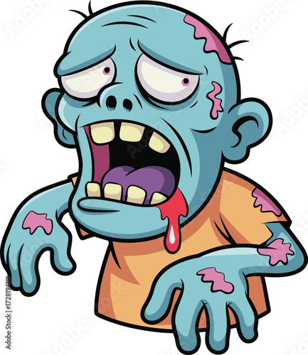 Cartoon zombie, blue skin, exposed flesh, drooling mouth, scary character, Halloween theme, vector art, horror design, creepy monster, undead creature