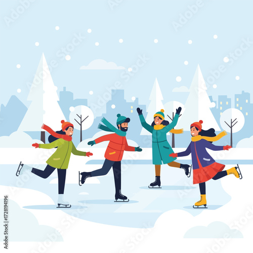 A group of friends enjoying ice skating outdoors on a snowy winter day.